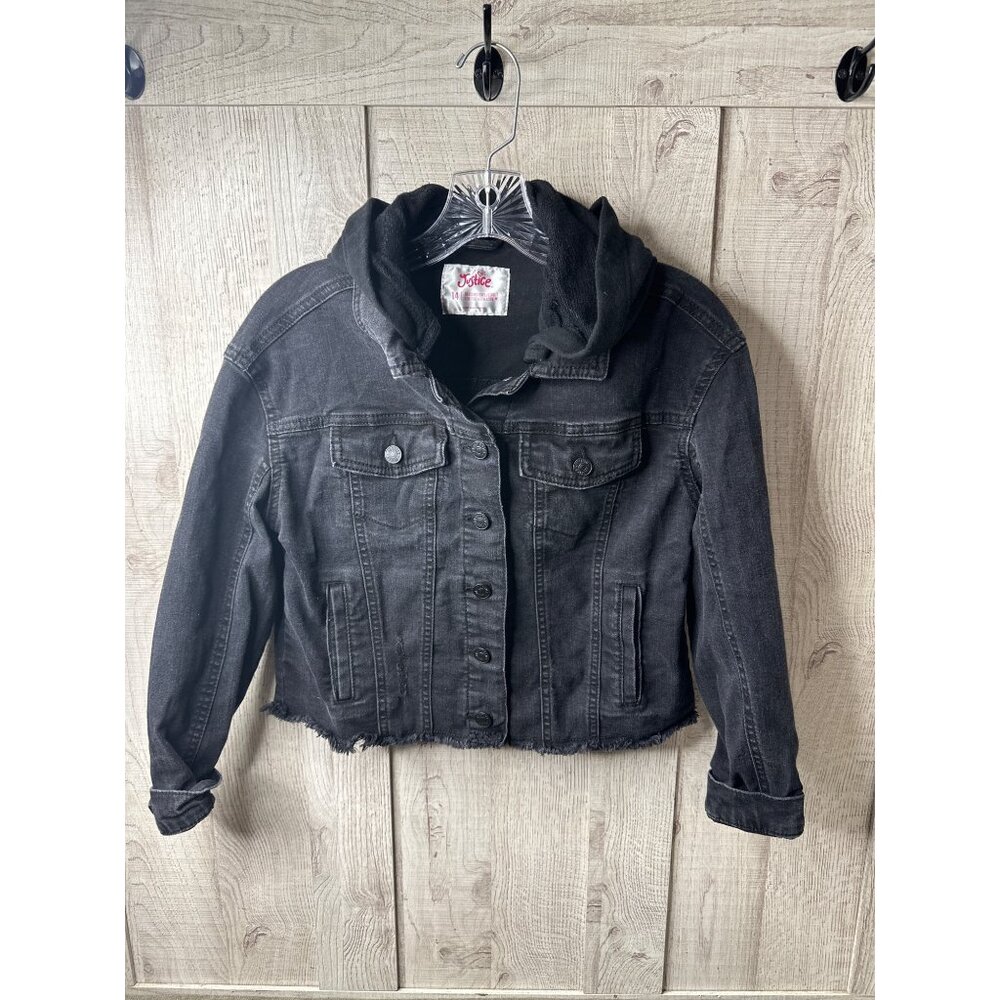 Justice Girls Size 14 Black Denim Jacket With Hood & Frayed Hem